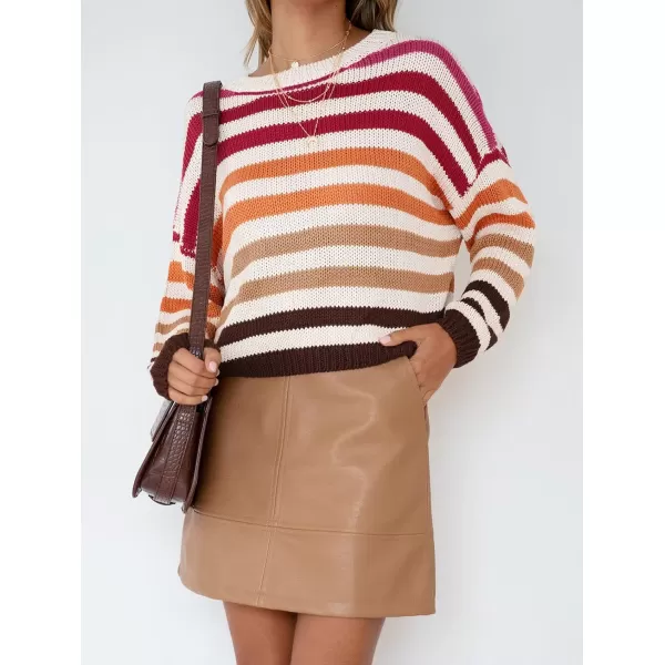 ZESICA Womens 2024 Fall Long Sleeve Crew Neck Striped Color Block Casual Loose Knitted Pullover Sweater TopsRed