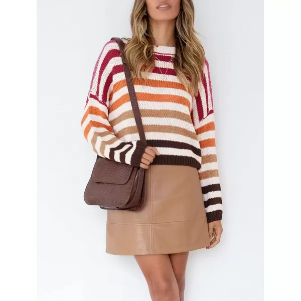 ZESICA Womens 2024 Fall Long Sleeve Crew Neck Striped Color Block Casual Loose Knitted Pullover Sweater TopsRed