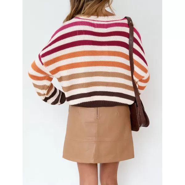 ZESICA Womens 2024 Fall Long Sleeve Crew Neck Striped Color Block Casual Loose Knitted Pullover Sweater TopsRed