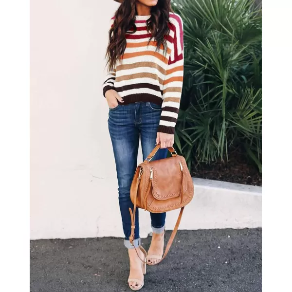ZESICA Womens 2024 Fall Long Sleeve Crew Neck Striped Color Block Casual Loose Knitted Pullover Sweater TopsRed