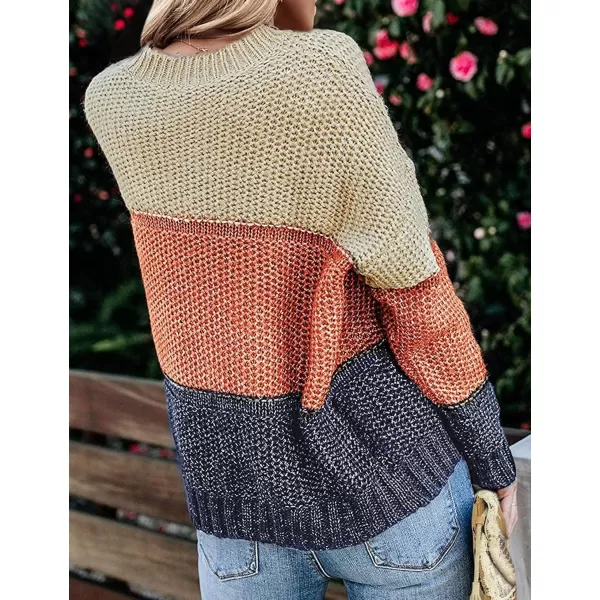 ZESICA Womens 2024 Fall Long Sleeve Crew Neck Striped Color Block Casual Loose Knitted Pullover Sweater TopsTan