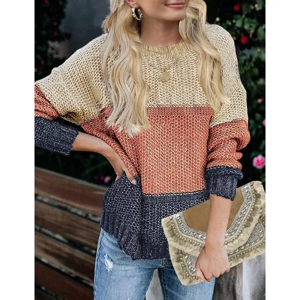 ZESICA Womens 2024 Fall Long Sleeve Crew Neck Striped Color Block Casual Loose Knitted Pullover Sweater TopsTan