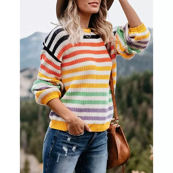 ZESICA Womens 2024 Fall Long Sleeve Crew Neck Striped Color Block Casual Loose Knitted Pullover Sweater TopsYellow