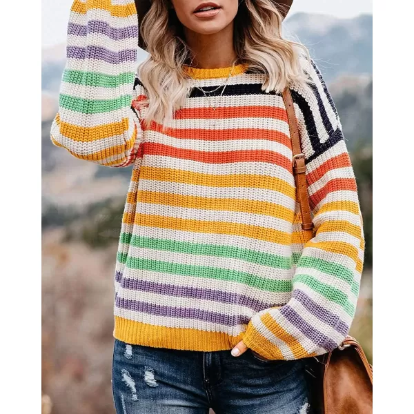 ZESICA Womens 2024 Fall Long Sleeve Crew Neck Striped Color Block Casual Loose Knitted Pullover Sweater TopsYellow