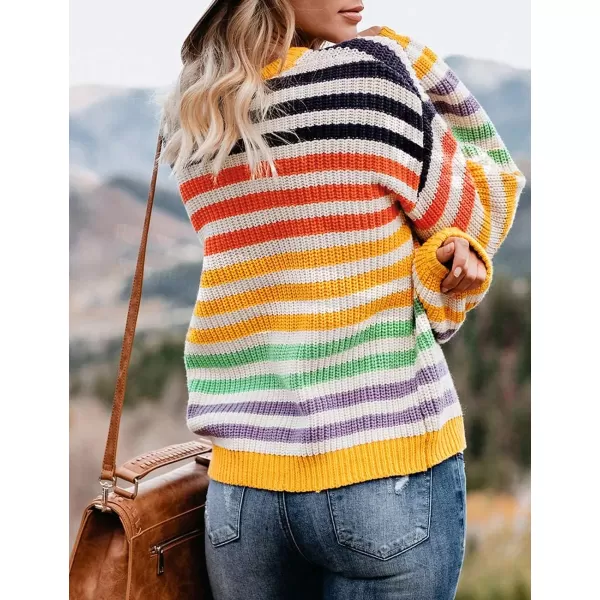 ZESICA Womens 2024 Fall Long Sleeve Crew Neck Striped Color Block Casual Loose Knitted Pullover Sweater TopsYellow