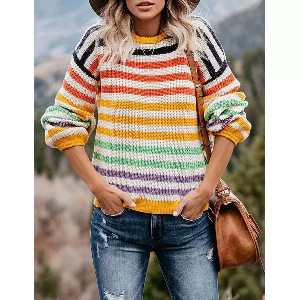 ZESICA Womens 2024 Fall Long Sleeve Crew Neck Striped Color Block Casual Loose Knitted Pullover Sweater TopsYellow