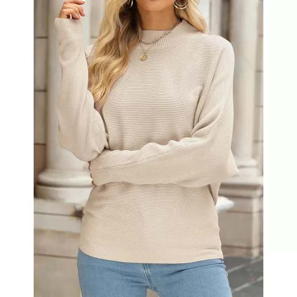 ZESICA Womens 2024 Fall Turtleneck Batwing Long Sleeve Ribbed Knit Casual Soft Pullover Sweater Jumper TopApricot