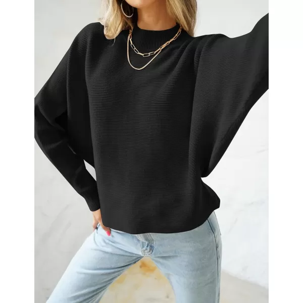 ZESICA Womens 2024 Fall Turtleneck Batwing Long Sleeve Ribbed Knit Casual Soft Pullover Sweater Jumper TopBlack