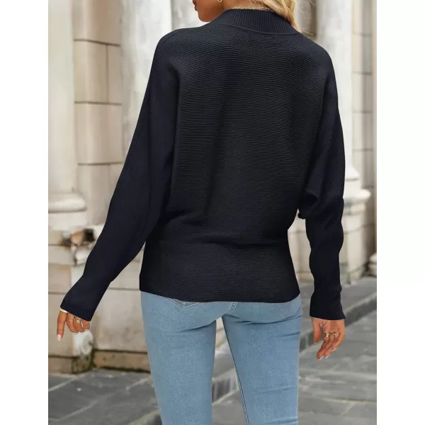 ZESICA Womens 2024 Fall Turtleneck Batwing Long Sleeve Ribbed Knit Casual Soft Pullover Sweater Jumper TopBlack