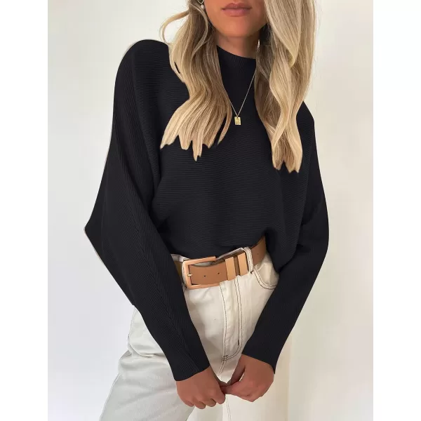 ZESICA Womens 2024 Fall Turtleneck Batwing Long Sleeve Ribbed Knit Casual Soft Pullover Sweater Jumper TopBlack