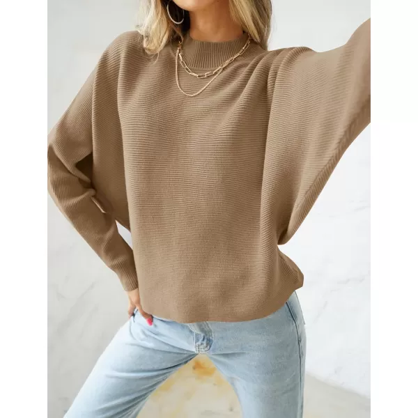ZESICA Womens 2024 Fall Turtleneck Batwing Long Sleeve Ribbed Knit Casual Soft Pullover Sweater Jumper TopCamel