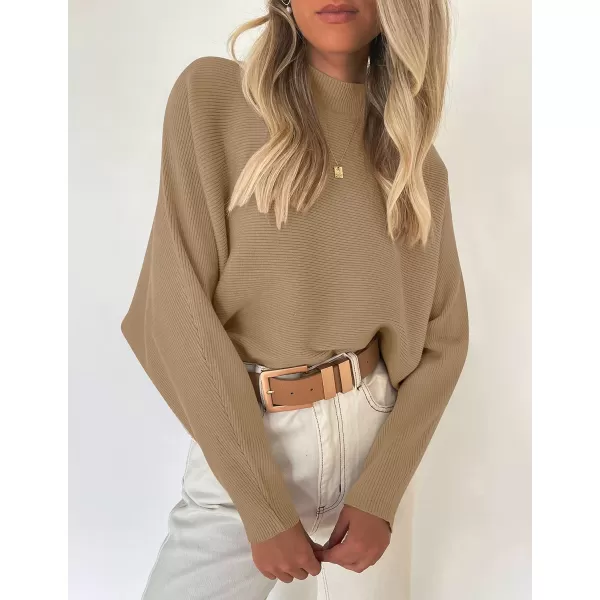 ZESICA Womens 2024 Fall Turtleneck Batwing Long Sleeve Ribbed Knit Casual Soft Pullover Sweater Jumper TopCamel