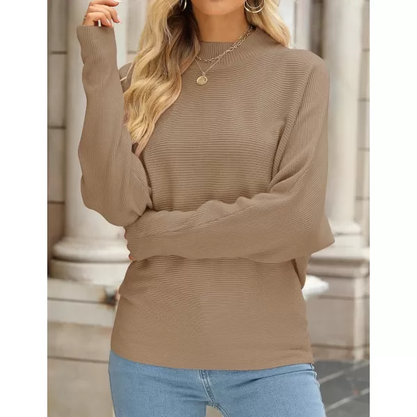ZESICA Womens 2024 Fall Turtleneck Batwing Long Sleeve Ribbed Knit Casual Soft Pullover Sweater Jumper TopCamel