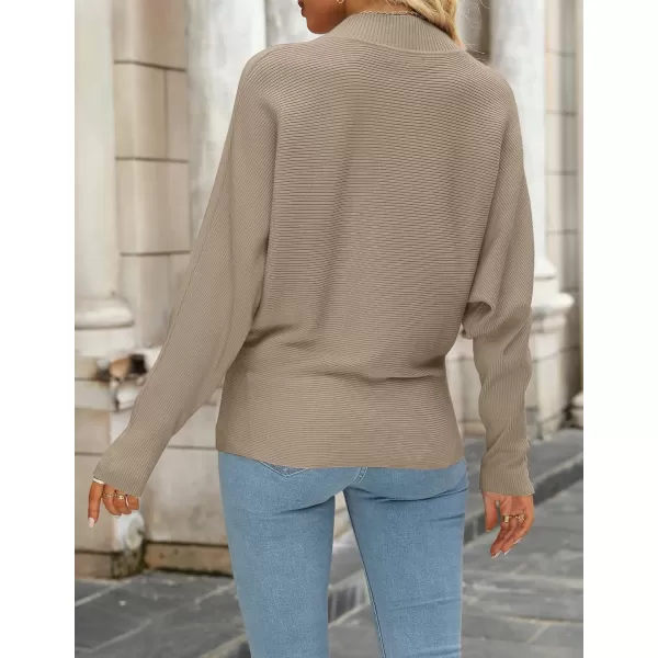 ZESICA Womens 2024 Fall Turtleneck Batwing Long Sleeve Ribbed Knit Casual Soft Pullover Sweater Jumper TopKhaki