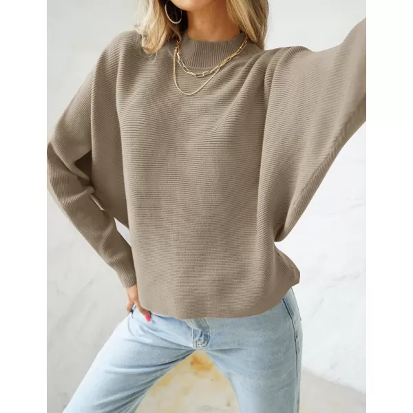 ZESICA Womens 2024 Fall Turtleneck Batwing Long Sleeve Ribbed Knit Casual Soft Pullover Sweater Jumper TopKhaki