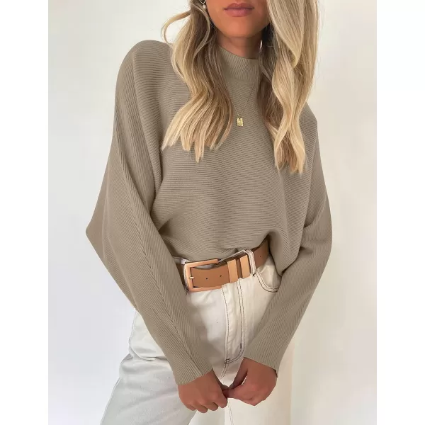 ZESICA Womens 2024 Fall Turtleneck Batwing Long Sleeve Ribbed Knit Casual Soft Pullover Sweater Jumper TopKhaki