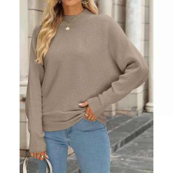ZESICA Womens 2024 Fall Turtleneck Batwing Long Sleeve Ribbed Knit Casual Soft Pullover Sweater Jumper TopKhaki