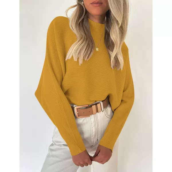 ZESICA Womens 2024 Fall Turtleneck Batwing Long Sleeve Ribbed Knit Casual Soft Pullover Sweater Jumper TopMustard