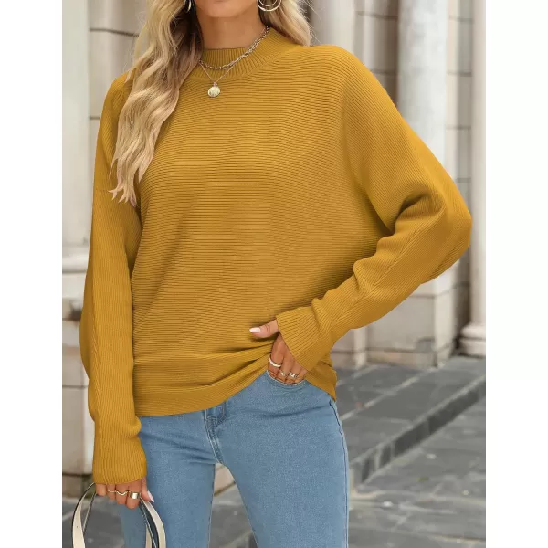 ZESICA Womens 2024 Fall Turtleneck Batwing Long Sleeve Ribbed Knit Casual Soft Pullover Sweater Jumper TopMustard