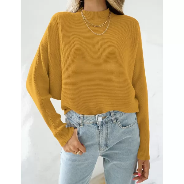 ZESICA Womens 2024 Fall Turtleneck Batwing Long Sleeve Ribbed Knit Casual Soft Pullover Sweater Jumper TopMustard