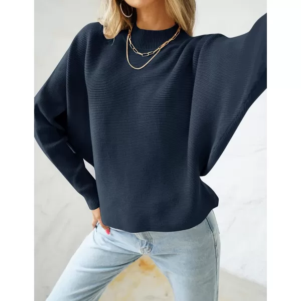 ZESICA Womens 2024 Fall Turtleneck Batwing Long Sleeve Ribbed Knit Casual Soft Pullover Sweater Jumper TopNavy