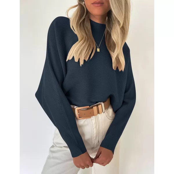 ZESICA Womens 2024 Fall Turtleneck Batwing Long Sleeve Ribbed Knit Casual Soft Pullover Sweater Jumper TopNavy
