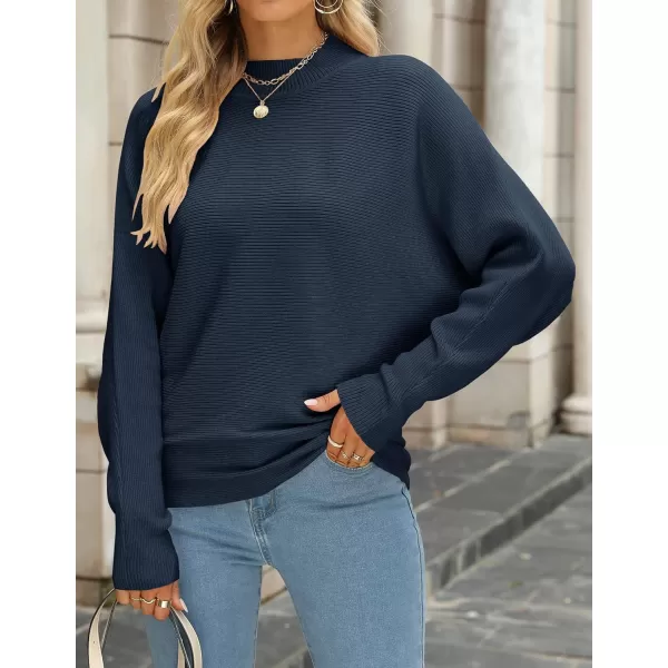ZESICA Womens 2024 Fall Turtleneck Batwing Long Sleeve Ribbed Knit Casual Soft Pullover Sweater Jumper TopNavy