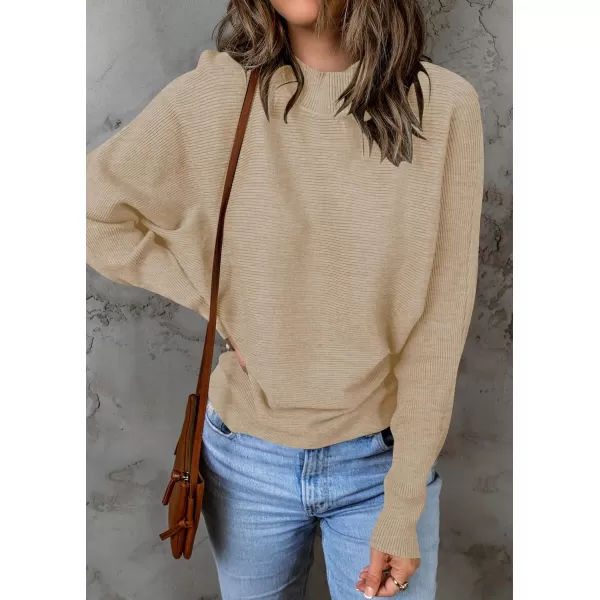 ZESICA Womens 2024 Fall Turtleneck Batwing Long Sleeve Ribbed Knit Casual Soft Pullover Sweater Jumper TopOatmeal
