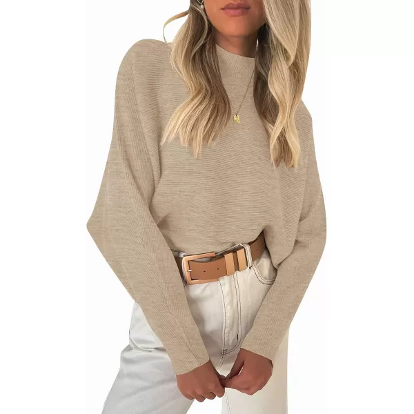 ZESICA Womens 2024 Fall Turtleneck Batwing Long Sleeve Ribbed Knit Casual Soft Pullover Sweater Jumper TopOatmeal