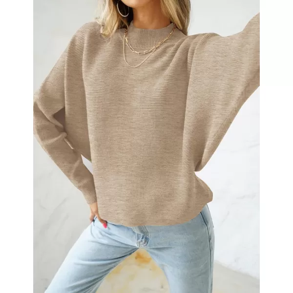 ZESICA Womens 2024 Fall Turtleneck Batwing Long Sleeve Ribbed Knit Casual Soft Pullover Sweater Jumper TopOatmeal