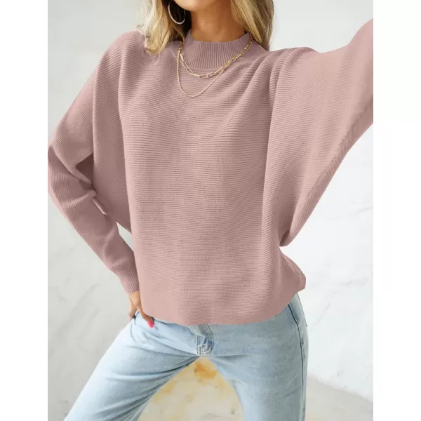 ZESICA Womens 2024 Fall Turtleneck Batwing Long Sleeve Ribbed Knit Casual Soft Pullover Sweater Jumper TopPink