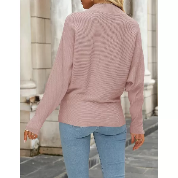 ZESICA Womens 2024 Fall Turtleneck Batwing Long Sleeve Ribbed Knit Casual Soft Pullover Sweater Jumper TopPink