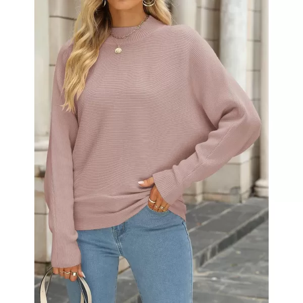 ZESICA Womens 2024 Fall Turtleneck Batwing Long Sleeve Ribbed Knit Casual Soft Pullover Sweater Jumper TopPink