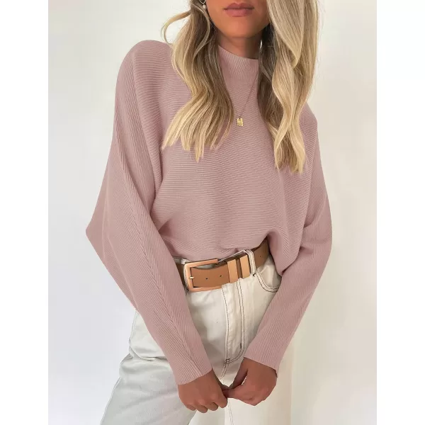ZESICA Womens 2024 Fall Turtleneck Batwing Long Sleeve Ribbed Knit Casual Soft Pullover Sweater Jumper TopPink