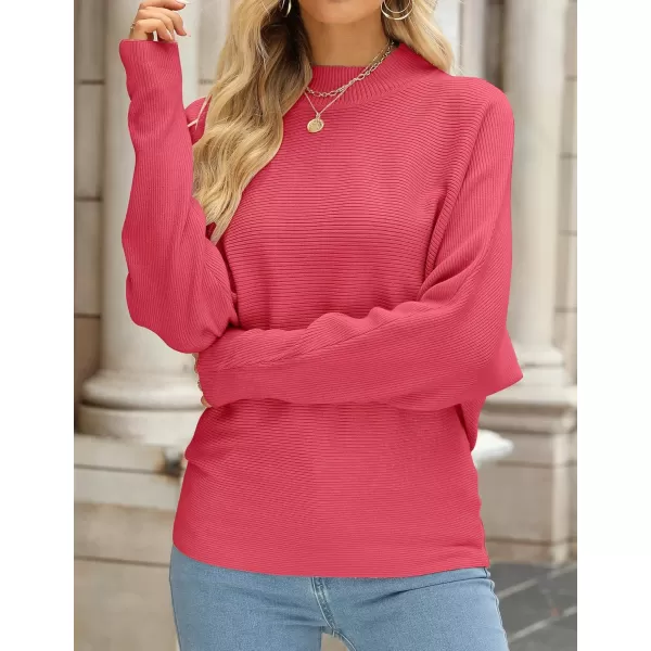 ZESICA Womens 2024 Fall Turtleneck Batwing Long Sleeve Ribbed Knit Casual Soft Pullover Sweater Jumper TopWatermelon