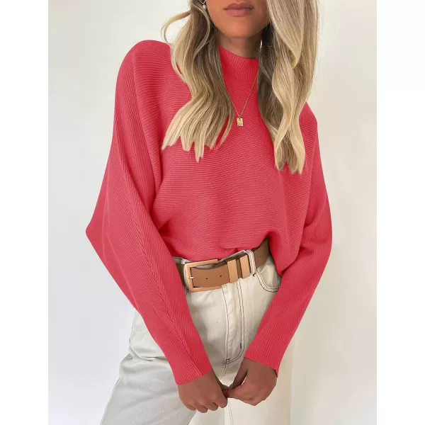 ZESICA Womens 2024 Fall Turtleneck Batwing Long Sleeve Ribbed Knit Casual Soft Pullover Sweater Jumper TopWatermelon