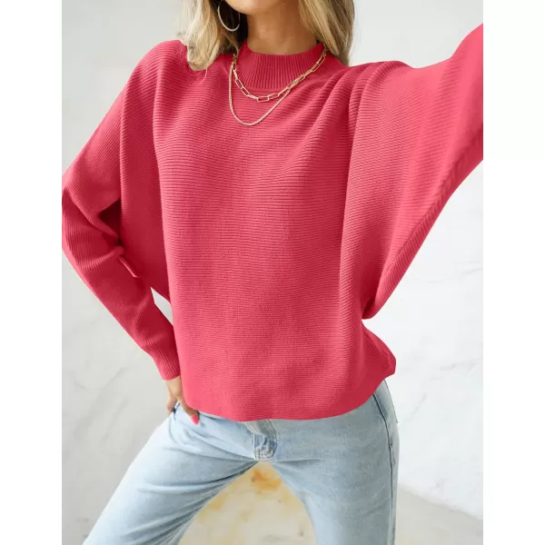 ZESICA Womens 2024 Fall Turtleneck Batwing Long Sleeve Ribbed Knit Casual Soft Pullover Sweater Jumper TopWatermelon