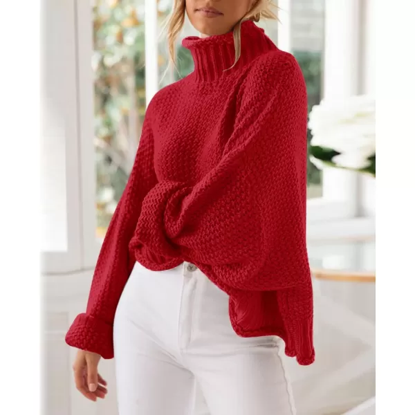 ZESICA Womens 2024 Turtleneck Batwing Sleeve Loose Oversized Chunky Knitted Pullover Sweater Jumper TopsRed