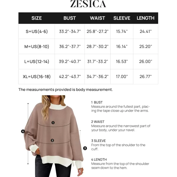 ZESICA Womens Winter Oversized Sweaters Long Sleeve Color Block Mock Neck Side Slit Comfy Loose Knitted Pullover TopsAlmond