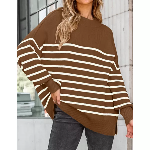 ZESICA Womens Winter Oversized Sweaters Long Sleeve Color Block Mock Neck Side Slit Comfy Loose Knitted Pullover TopsBrown