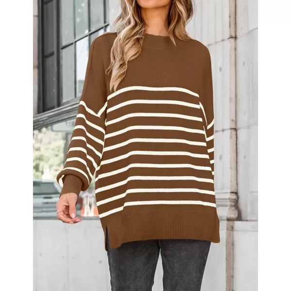 ZESICA Womens Winter Oversized Sweaters Long Sleeve Color Block Mock Neck Side Slit Comfy Loose Knitted Pullover TopsBrown