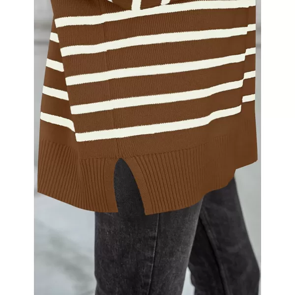 ZESICA Womens Winter Oversized Sweaters Long Sleeve Color Block Mock Neck Side Slit Comfy Loose Knitted Pullover TopsBrown