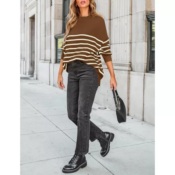 ZESICA Womens Winter Oversized Sweaters Long Sleeve Color Block Mock Neck Side Slit Comfy Loose Knitted Pullover TopsBrown
