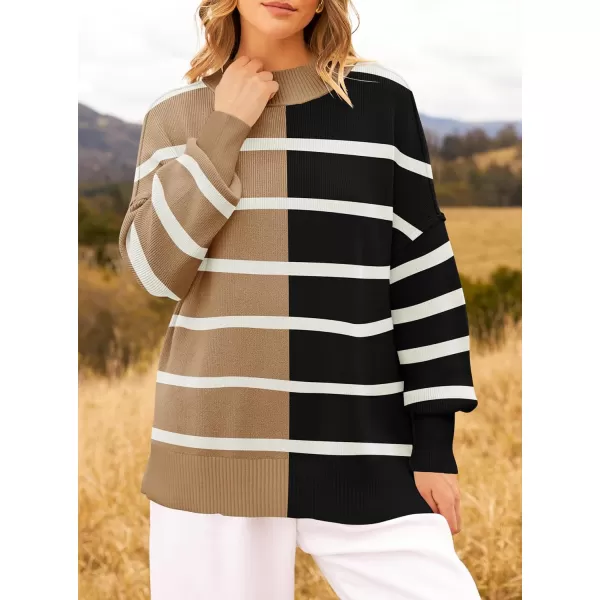 ZESICA Womens Winter Oversized Sweaters Long Sleeve Color Block Mock Neck Side Slit Comfy Loose Knitted Pullover TopsCamel