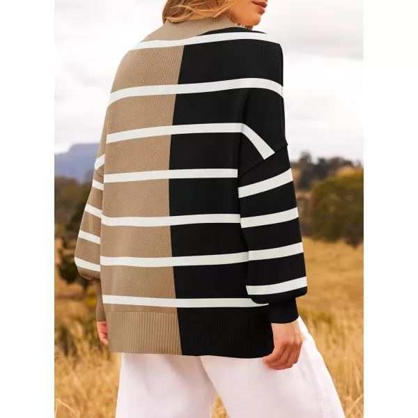 ZESICA Womens Winter Oversized Sweaters Long Sleeve Color Block Mock Neck Side Slit Comfy Loose Knitted Pullover TopsCamel
