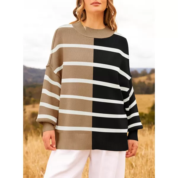 ZESICA Womens Winter Oversized Sweaters Long Sleeve Color Block Mock Neck Side Slit Comfy Loose Knitted Pullover TopsCamel