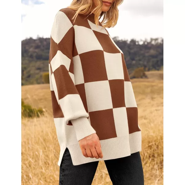ZESICA Womens Winter Oversized Sweaters Long Sleeve Color Block Mock Neck Side Slit Comfy Loose Knitted Pullover TopsCaramel