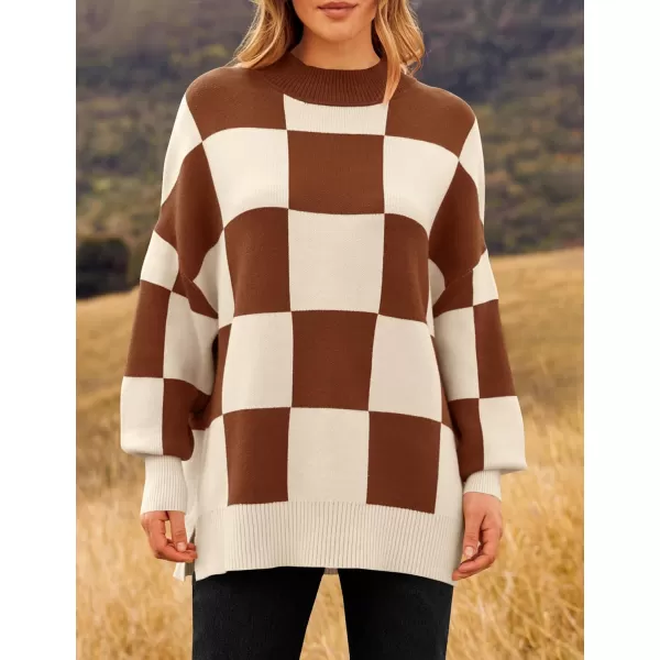 ZESICA Womens Winter Oversized Sweaters Long Sleeve Color Block Mock Neck Side Slit Comfy Loose Knitted Pullover TopsCaramel