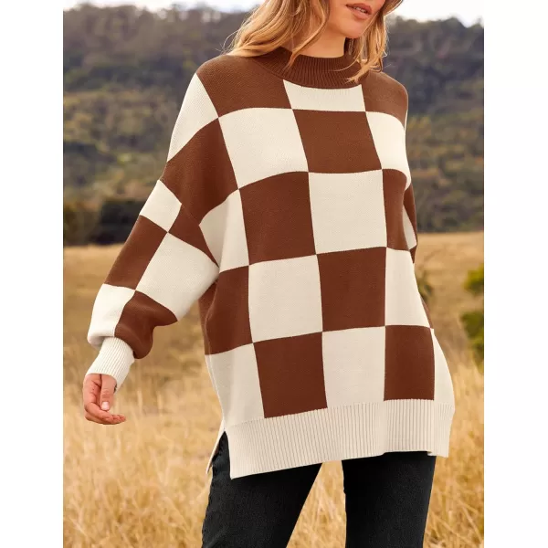 ZESICA Womens Winter Oversized Sweaters Long Sleeve Color Block Mock Neck Side Slit Comfy Loose Knitted Pullover TopsCaramel