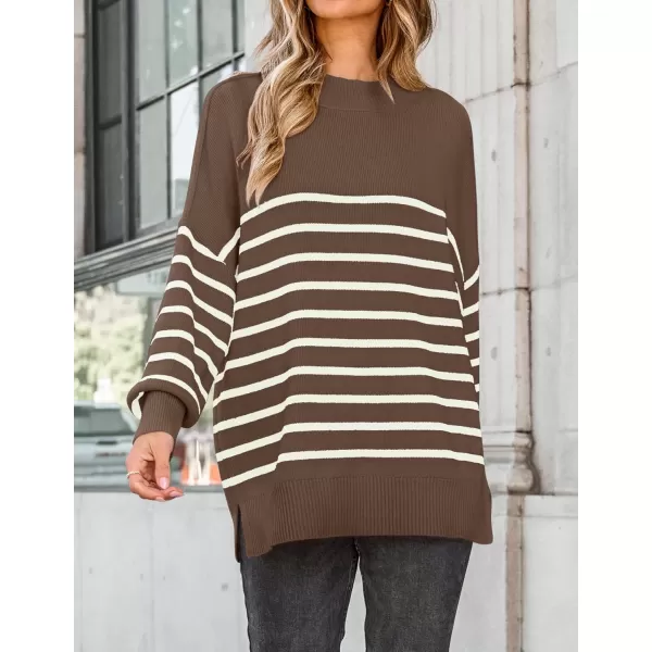 ZESICA Womens Winter Oversized Sweaters Long Sleeve Color Block Mock Neck Side Slit Comfy Loose Knitted Pullover TopsCoffee
